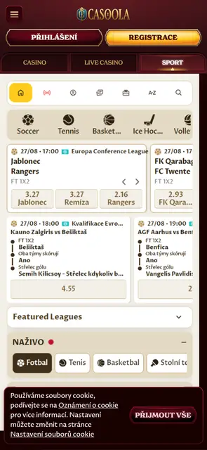 Mobilní web Casoola, sportovní sázení a živé zápasy